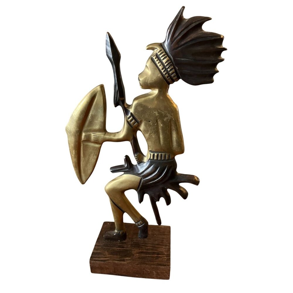 Handcrafted Brass Warrior Figurine With Shield & Spear On Wooden Base